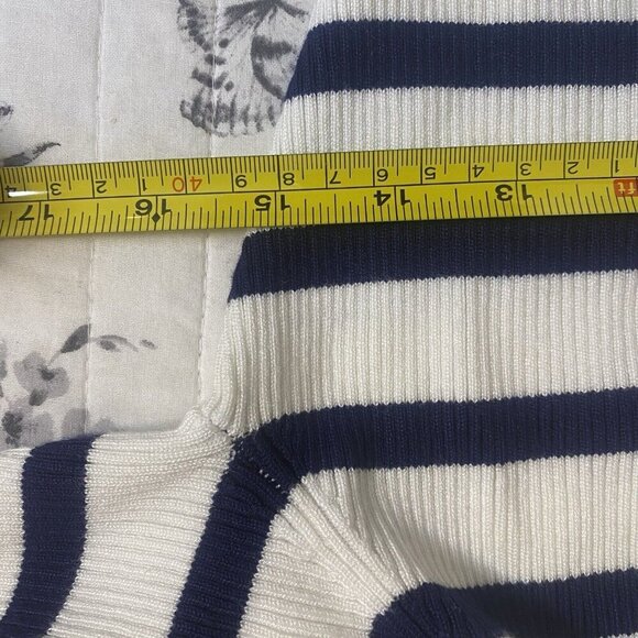 $695 CAROLINE CONSTAS Knit Stretch Midi Dress Striped White/Navy Bodycon L - Picture 8 of 11